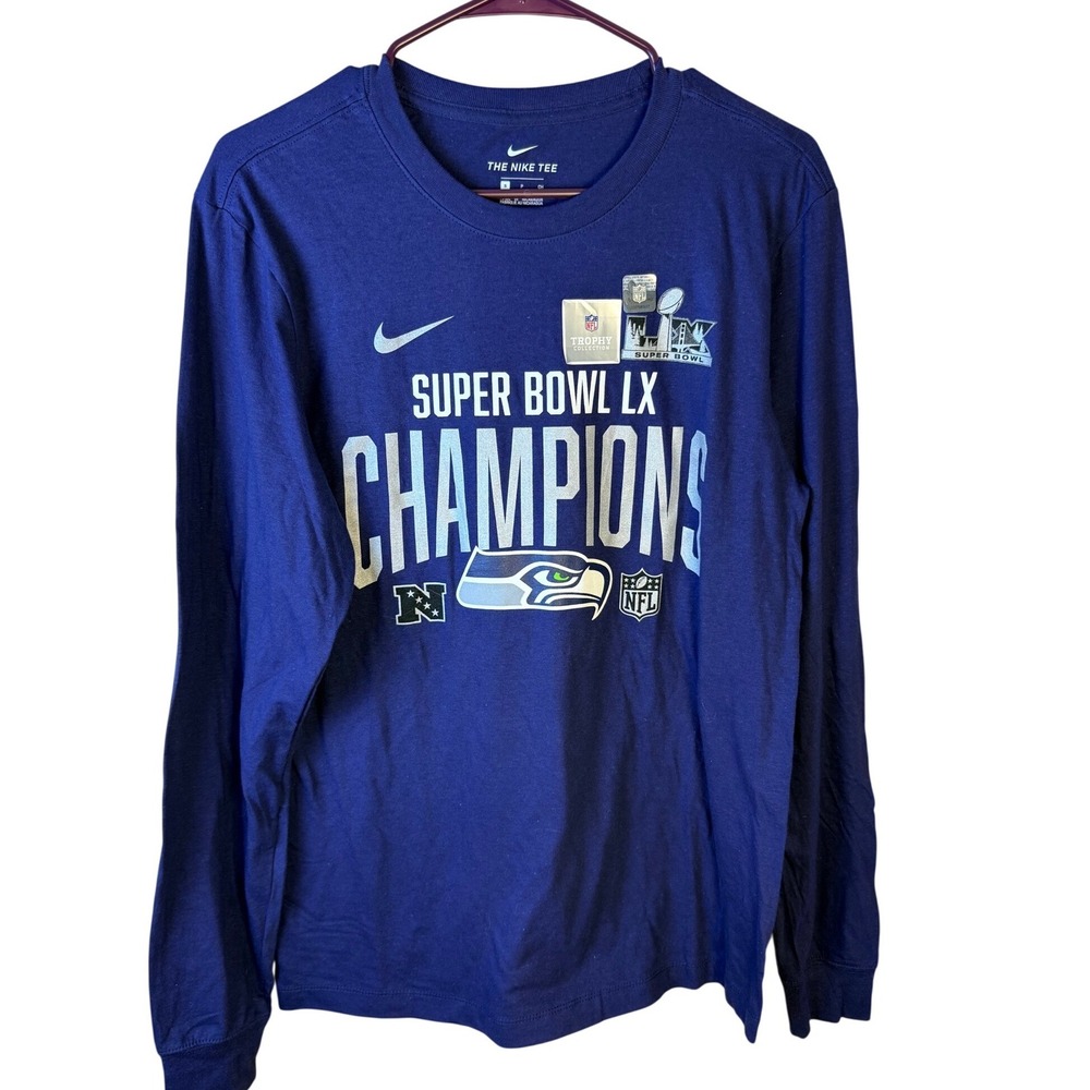 Nike Seattle Seahawks Super Bowl XLVIII Champions Long Sleeve Shirt Navy Mens S
